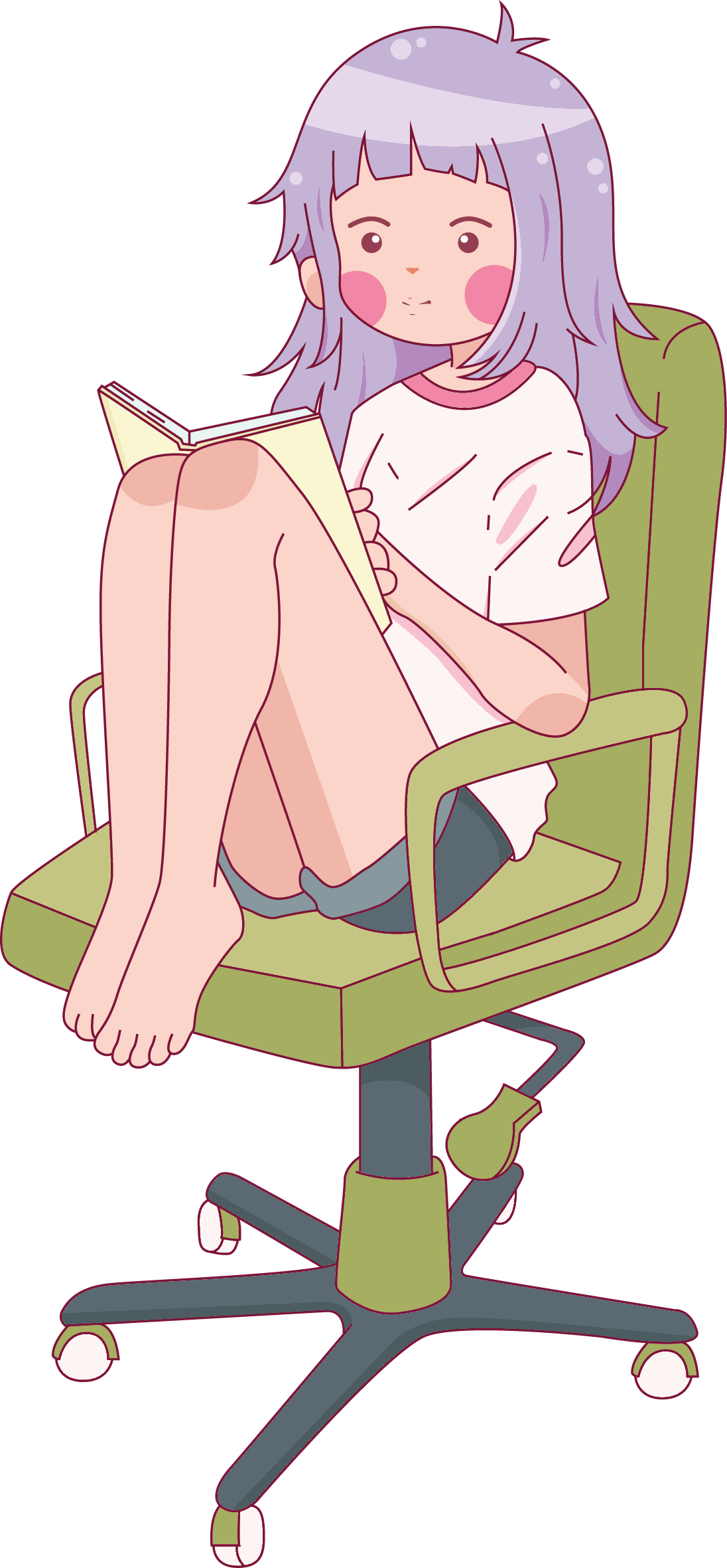 Girl With Books logo of a girl with light purple hair curled up on a chair reading a book.